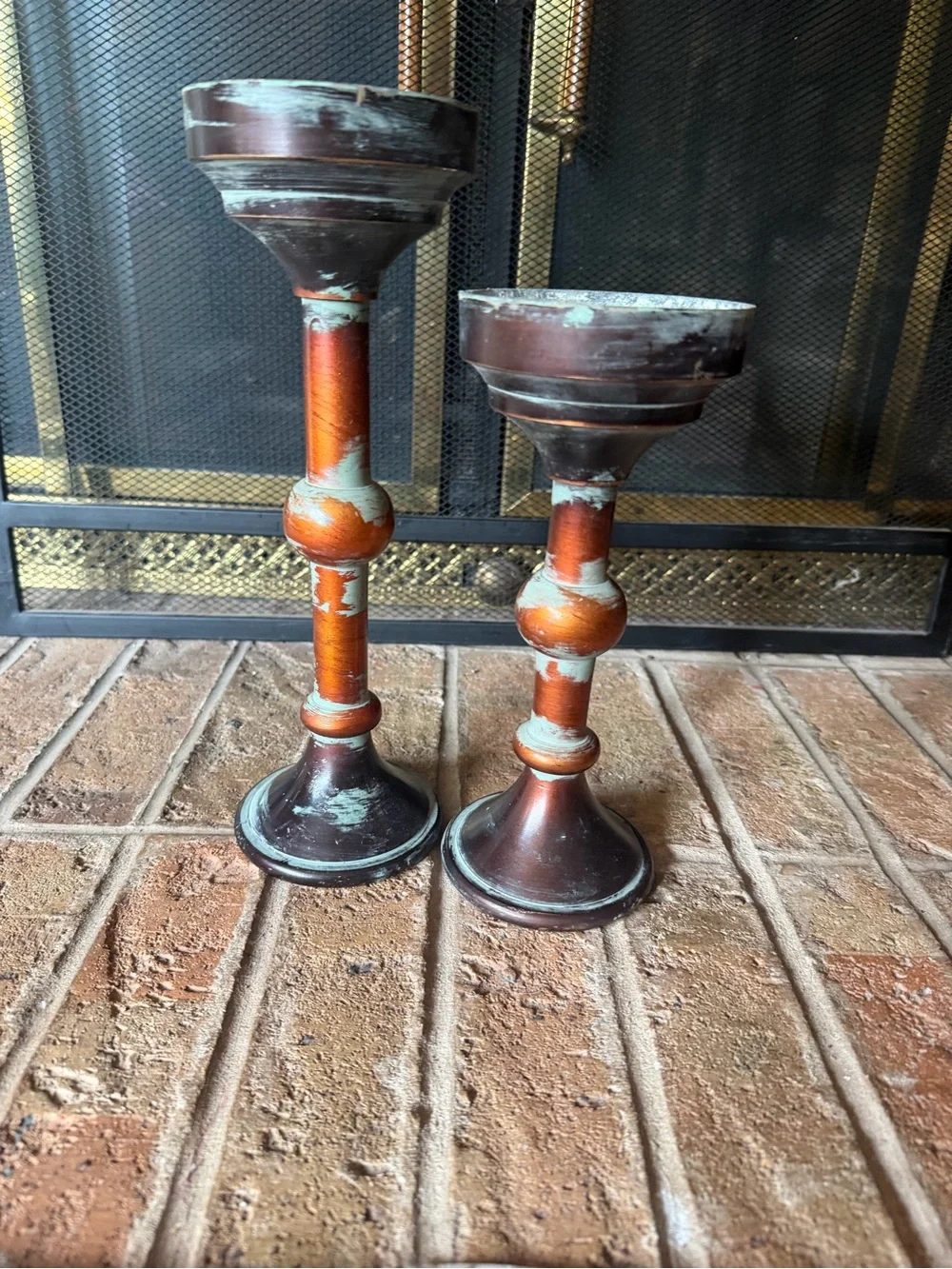 Rustic Distressed Brown & Turquoise Candle Holders - Home Accents